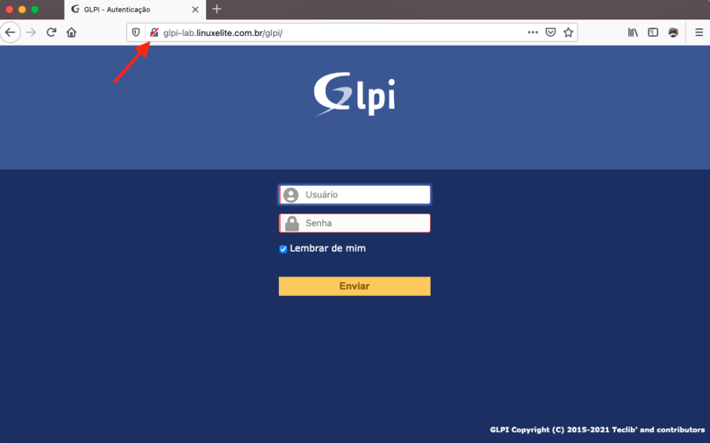 GLPI login screen, still without HTTPS